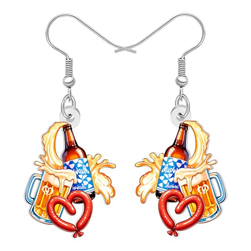 DALANE Funny Oktoberfest Beer Mug and Pretzel Dangle Earrings Outfits Gifts for Women, Acrylic Festive Bavarian Style Drop Earrings Jewellery, Stainless Steel Hook (Yellow)