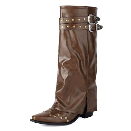 Qynthra Botas Punta Afilada Rodilla Alta Estilo Occidental Cuero Tachuelas Doble Correa Hebilla Tacón Bloque para Rodaje Video Música,Marrón,48 EU