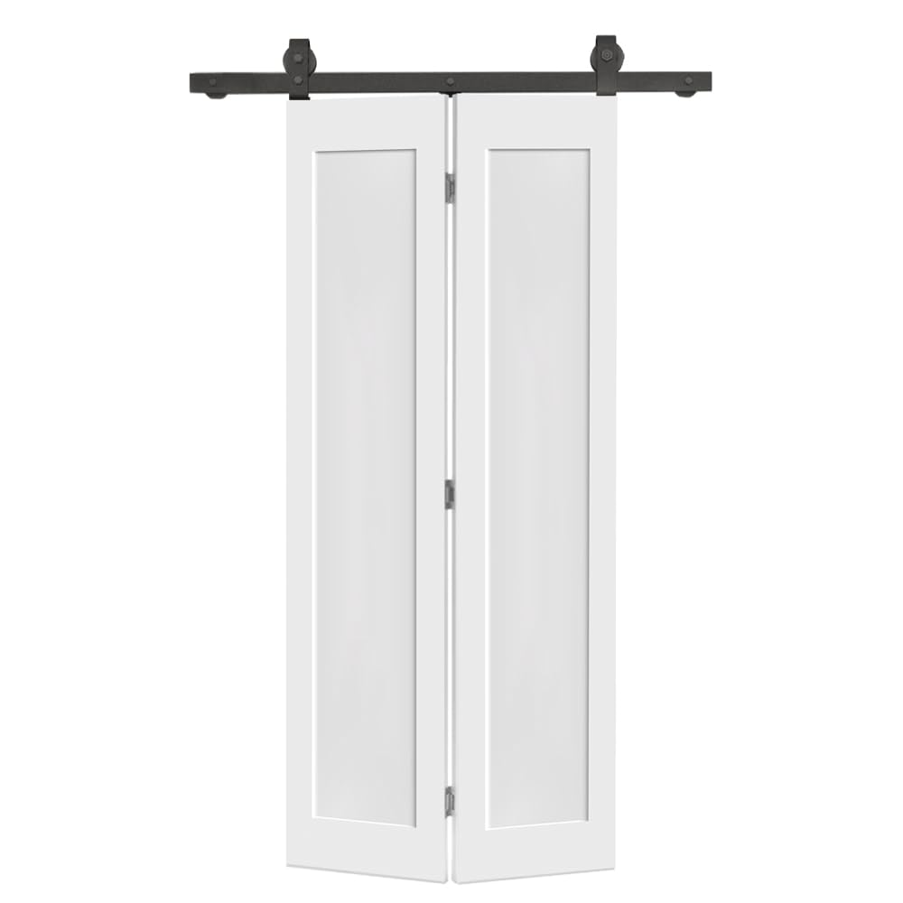 22 in. x 80 in. 1 Panel Shaker Hollow Core White Composite Bi-Fold Door with Sliding Barn Door Hardware Kit