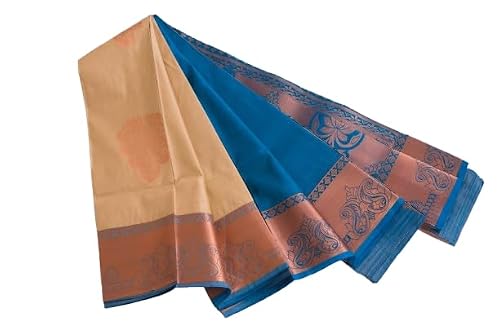 Salem Semi Silk Sarees – Jacquard Korvai sarees –Sand/Venice Blue - Soft Silk