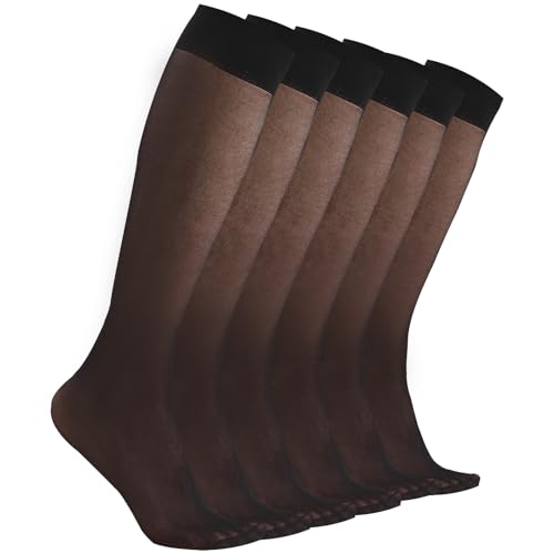 6 Pairs Knee High Stockings for Women 20D Sheer Nylon Trouser Socks with Reinforced Toes