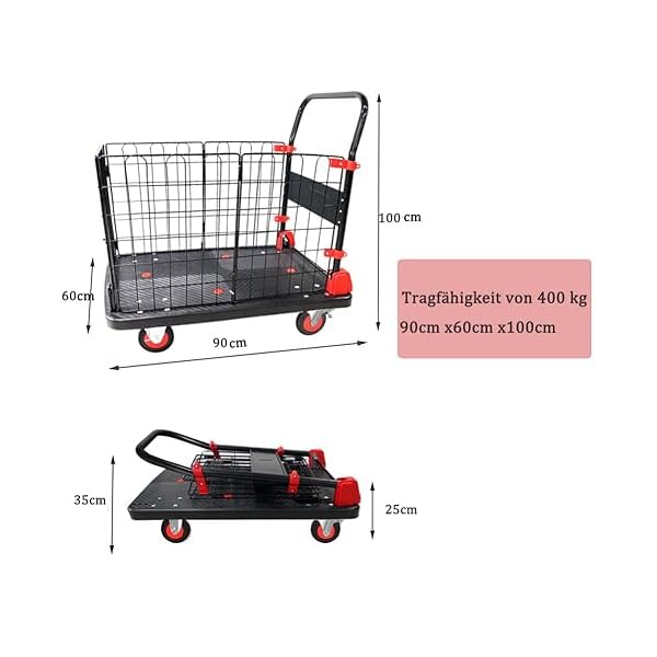 Sackkarren Plattformwagen Klappbar Multifunktionaler Transportwagen Gartenwagen mit Drahtgitter Hand Rollwagen Flacher Pritschewagen Industrieller Schubwagen BeweglicKher Sackkarre (400KG, 90 * 60) – Bild 7