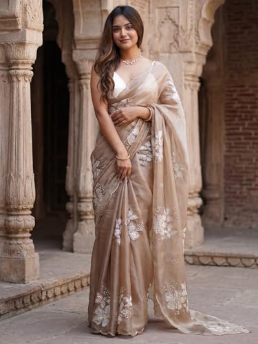 Image of AKHILAM Women's Shimmer Pure Georgette Embroidered Ready To Wear one Minute Saree With Unstitched Blouse Piece