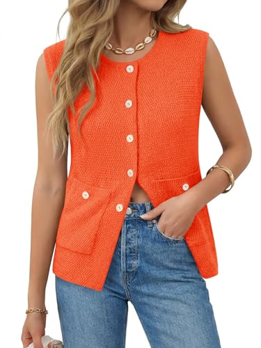 Image of Yousify Womens Sweater Vest Sleeveless Button Down Round Neck Knitted Tank Tops Casual Cardigan with Pockets