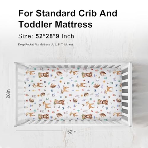 Image of Cute Animals Fitted Baby Crib Sheet for Boy Girl 52 inchx28 inch Bear Squirrel Deer Hedgehog Floral Leaves Soft Breathable Baby Nursery Bed Sheet Fits Standard Crib and Toddler Bed Mattresses