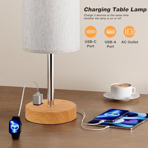 image for Fenmzee Touch Table Lamp - Cream, 3-Way Dimmable, USB A + C Charging, 