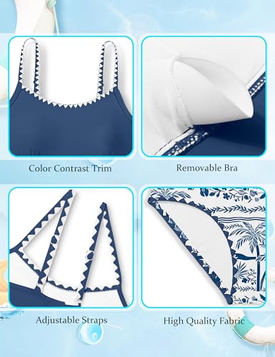 Image of Girls Swimsuit Solid Color Tankini Contrast Trim Swimwear 2 Piece Bathing Suit Padded Swimsuits for Teens 9-16Y