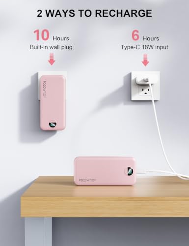 Image of Nusyddy Portable Charger 20000mAh PD20W w /Built-in Cables & Wall Plug Pink | PD20W Fast Charging, High Capacity, LED Display, Charge 5 Devices at once, TSA Approved, Compatible with iPhone /iPad /Samsung