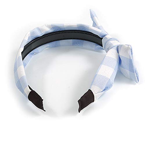 Light Blue/White Checked Fabric Bow Alice/Hair Band/HeadBand, white / ivory, light blue - Image 4