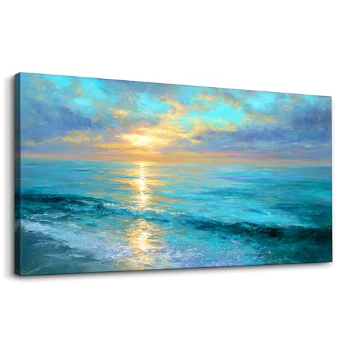 karani Abstract Ocean Canvas Wall Art, Blue Sea Sunrise Large Wall Art