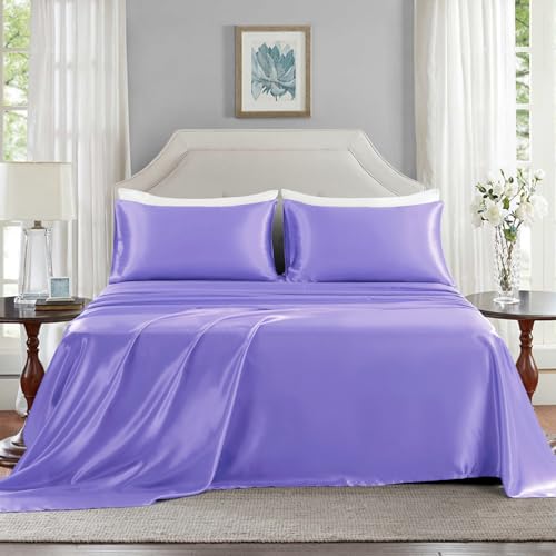 Drap en satin lavande infroissable pour lit double sans plis - 3