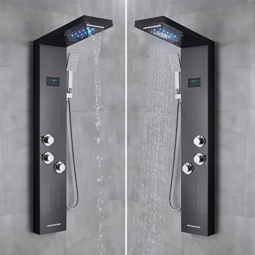 Columna de Ducha Negro con Panel de Ducha de Acero Inoxidable y LED, Sistema de Ducha con 5 Funciones, Hidromasaje y Ducha Cascada miniatura 3