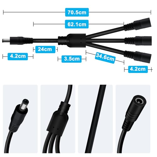 YINGAYOU DC 4-drożny rozdzielacz 5,5 x 2,1 mm DC kabel rozdzielający 5 V 6 V 9 V 12 V 24 V 3 A, do kamer bezpieczeństwa, DVR, routera, drukarki, taśm LED (1 do 4, 70 cm)