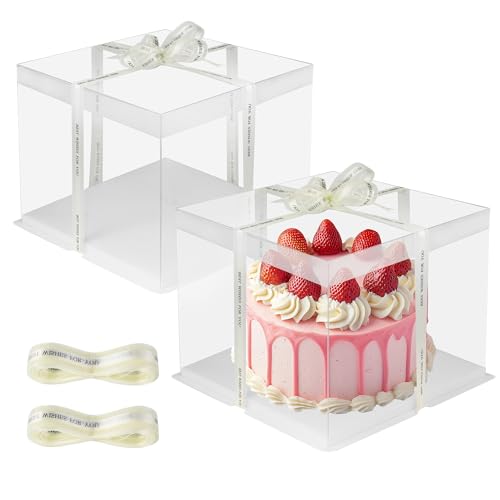 BUCOMTU Lot de 2 Boite a Gateau Transparente, 30 x 30 x 25 cm Boite Cadeau Transparente avec Base et Ruban, Boîte à Gâteaux à Double Couche, pour Anniversaires et Mariages
