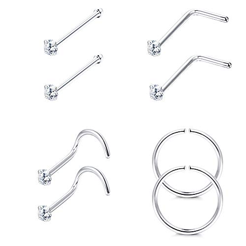 Sllaiss 22G 925 Sterling Silver Nose Rings Studs L Shaped Cz Nose Rings Hoop For Women Men Corkscrew Nose Rings Helix Piercing Jewelry Set Cartilage Earrings Hoop Tragus 8Pcs (3) #TOP18