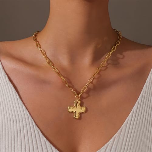 Chunky Cross Necklace for Women Trendy 14K Gold Silver Layered Hammered Cross Pendant Charm Necklace Stackable Paperclip Herringbone Snake Cuban Chain Choker Non Tarnish Gold Jewelry Gifts4