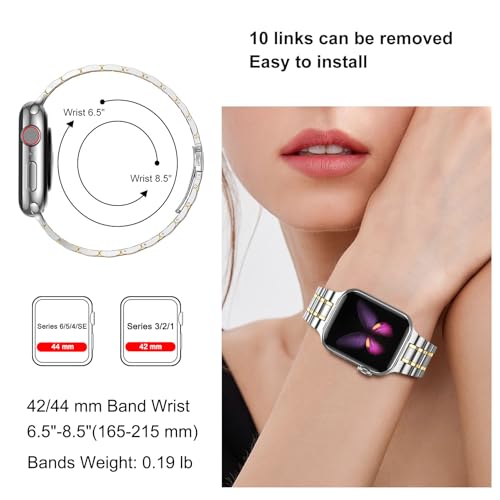 Image of MioHHR Solid Stainless Steel Band Compatible with Apple Watch 42mm(Series 3 /2 /1) 44mm(Series SE /6 /5 /4), Metal Strap with Soft TPU Case for iWatch Bands for Women and Men, Silver /Gold