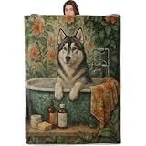 Wanoryer Relaxing Husky in Bathtub Blanket, Comfy & Warm Flannel Cute Dog Throw Blanket for Couch, Gifts for Women Kids Puppy Lovers, Soft Fuzzy Lightweight Travel Bed Blankets for Decor 50"×60"