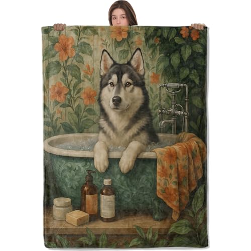 Wanoryer Relaxing Husky in Bathtub Blanket, Comfy & Warm Flannel Cute Dog Throw Blanket for Couch, Gifts for Women Kids Puppy Lovers, Soft Fuzzy Lightweight Travel Bed Blankets for Decor 50"×60"