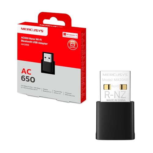 Mercusys TP-Link MA20NB Adattatore WiFi USB AC650Mbps con Bluetooth 5.0, Nano Chiavetta WiFi per PC Fisso, Dual Band 433/200 Mbps, WPA3, USB 2.0, Plug & Play, Compatibile Windows 11/10