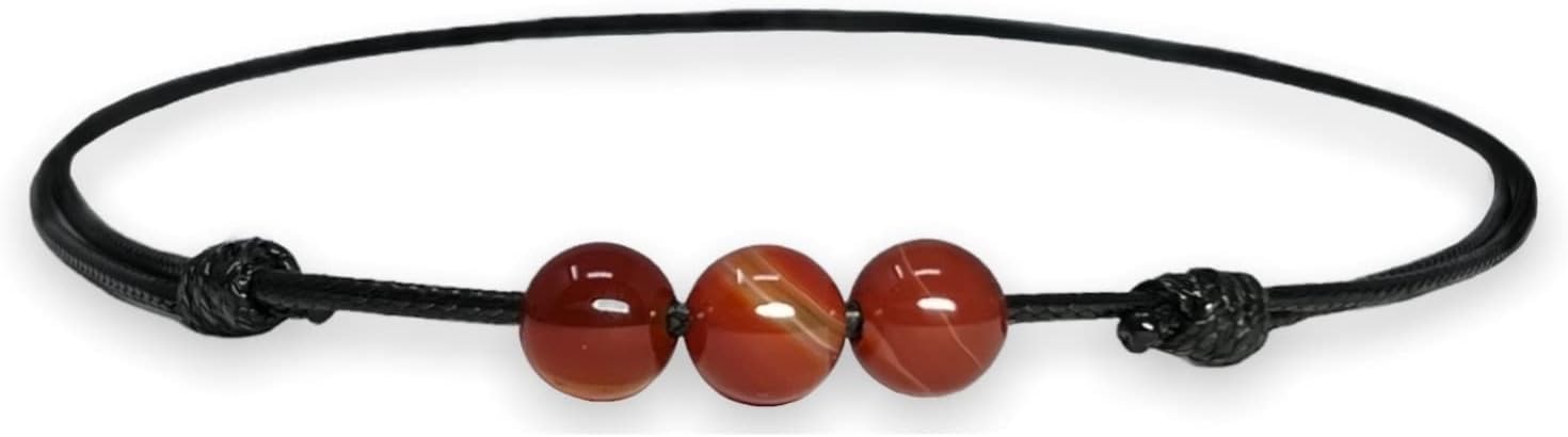 Luck Strings Carnelian Gemstone Beads Pendant Necklace Adjustable Wax Nylon Cord Unisex Beaded Choker for Men Women Minimalist Red Orange 3 Bead Sliding Knot Gift