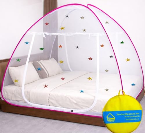 Image of VERDIOZ Mosquito Net for Double Bed King Size with Multicolor 3cm Glittery Star Design | Strong 28 GSM White Net | White PVC Coated Steel Wire | 2 Doors Foldable Machardani - (Pink with Stars)