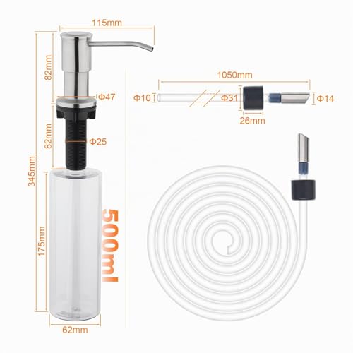 Ibergrif Spülmittelspender Küche Einbau, Seifenspender Einbau für Spülbecken mit 500ML Flasche und 1,0 m Verlängerungsschlauch, 360° drehbarer Pumpe, Gebürstet