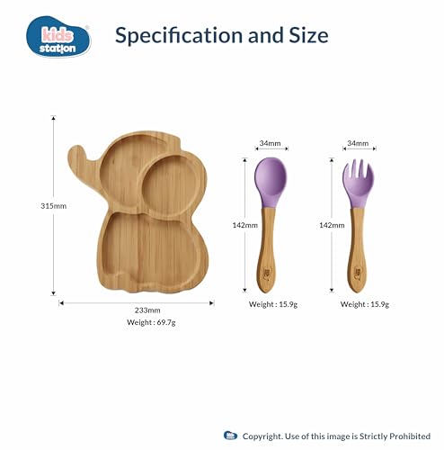Image of Kids Station Elephant Wooden Feeding Plate with Spoon and Fork for Babies - Purple | Eco-Friendly Self-Feeding Baby Tableware Set (3 pcs)