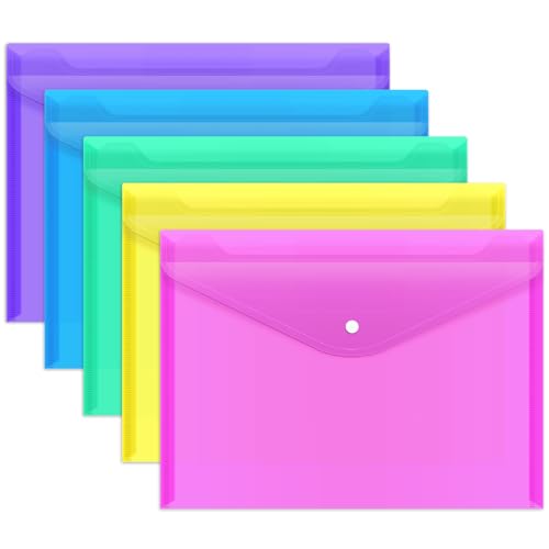 EOOUT 5pcs Plastic Envelopes, Plastic Folders for Documents, Poly Folders with Snap Closure, A4 Size, Letter Size, for School and Office Supplies