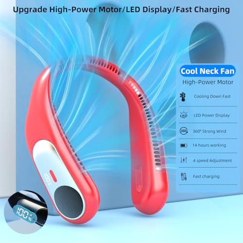Image of Portable Neck Fan, Personal Wearable Bladeless Fan for Outdoor Indoor, LED Display, 360 Cooling, 4-Speeds, 6000mAh USB Rechargeable, Birthday Gifts for Men Women Dad Mom (Red)