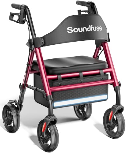 SOUNDFUSE Walkers for Seniors, Rollator Walker with Seat, 8' All Terrain Wheels, Double Support Bar, 16' Ergonomic Arc Seat and Comfortable Backrest, Dual Height Adjustable and Foldable Design