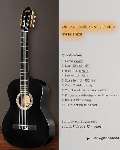 Image of Winzz Beginner Adult Classical Guitar with 7 Accessories - Nylon String 4 /4 Guitar Pack - Glossy Black 39 Inch