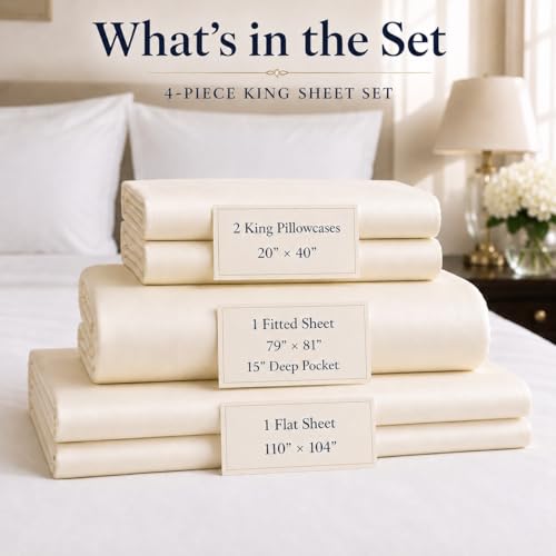 Image of Egyptian Cotton King Size Sheets Set, Sateen Weave King Sheets Set - Ivory | 15 inch Deep Pocket Sheet & Pillowcases, 800 Thread Count, 4-Piece, Silky Soft & Naturally Cooling, OEKO-TEX Certified Bedding
