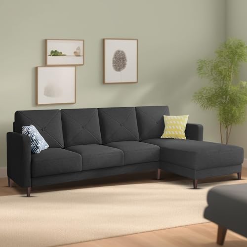 Image of Baloney RHS 6 Seater L Shape Sofa Set for Living Room (Black Fabric) Premium Fabric Sofa