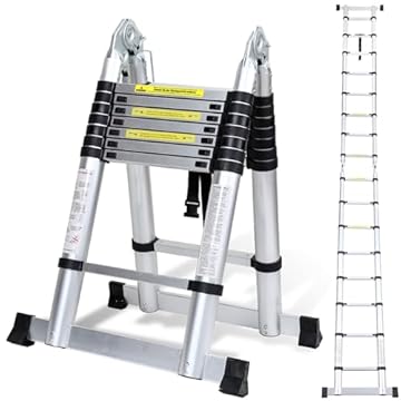 Cecaylie Scala telescopica in alluminio, allungabile, antiscivolo, multifunzionale, portatile, portata massima 150 kg, 5 m (2,5 + 2,5 m)