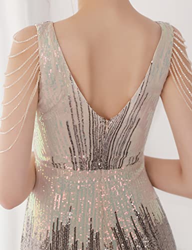 Image of Women 1920s Plus Size Formal Dress Tassels Sleeve Sequins Gatsby Maxi Evening Gown