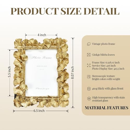 Gold Picture Frames 4x6 Vintage Gold Frame, Ornate Leaf Textured Hand-Crafted Resin with Glass Front Antique Photo Frame for Tabletop Display, Retro Design Home Decor