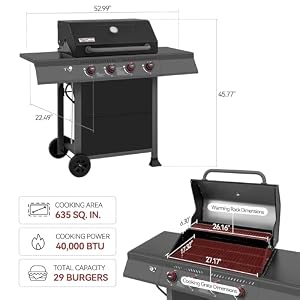 Royal Gourmet GA4401T 4 Burner Propane Gas Grill with Porcelain enameled Cast Iron Grates Outdoor BBQ Grill with Warming Rack for Outdoor Cooking and Backyard Barbecues Black and Gray