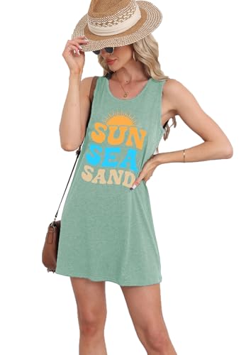 Image of Summer Tank Dress for Women Sunset Palm Tree Beach Vacation Cover Up