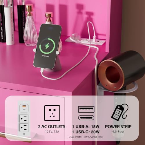 Image of Furmax Vanity Desk with Mirror, LED Lights and Power Outlet Makeup Vanity Table with 7 Drawers and 6 Storage Shelves Dressing Table for Bedroom Dressing Room (Rose Pink)
