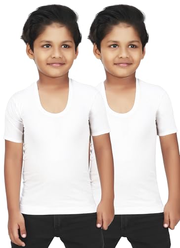 Image of ALBA Boys Cotton Half Sleeve Vest Kids Innerwear Breathable Cotton Vest Boys Undershirt Round Neck T Shirt Moisture Absorbent Soft Bio Washed Fabric Comfortable Fit White Innerwear Pack of 2