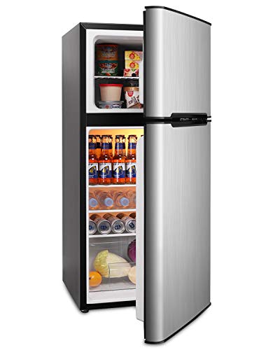 ADT Fridge with Freezer 4.5 Cu.Ft Mini Fridge with 7 Temp Settings, 4 Shelves and 1 Basket (Stainless Steel)