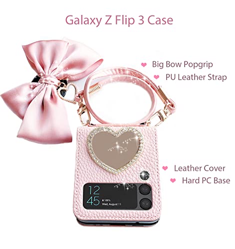 Galaxy Z Flip 3 Case With Strap Girly Cute For Samsung Galaxy Z Flip 3 5G Case With Big Bow And Makeup Mirror Z Flip 3 Case With Strap Pu Leather (Pink) #TOP2
