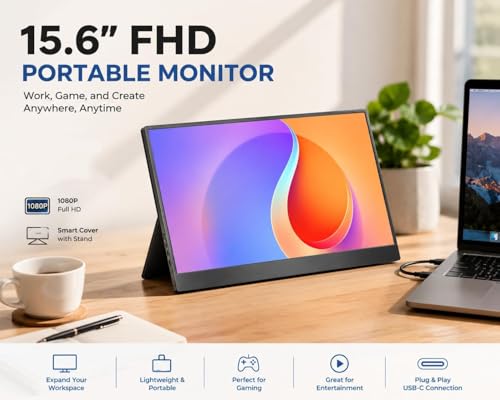 Image of Portable Monitor 15.6 Inch FHD 1080P HDMI USB C Second External Monitor for Laptop, Desktop, MacBook, Phones, Tablet, PS5 /4, Built-in Speaker with Protective Case