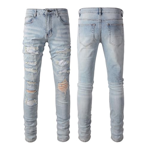 Mens Crystals Patchwork Jeans Skinny Stretch Slim Distressed Ripped Rhinestone Stacked Knee Holes Pants