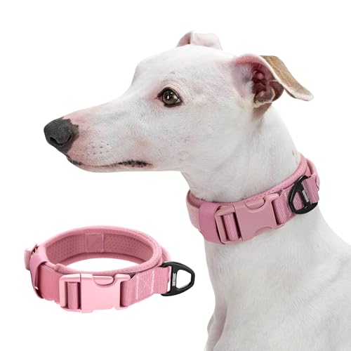 OneTigris Hundehalsband Kleine Hunde, Taktisches Hundehalsband mit Griff, Weich Gepolstert Breites mit Kunststoffschnalle und Ring aus Aluminiumlegierung, Rosa, S(30-40cm)