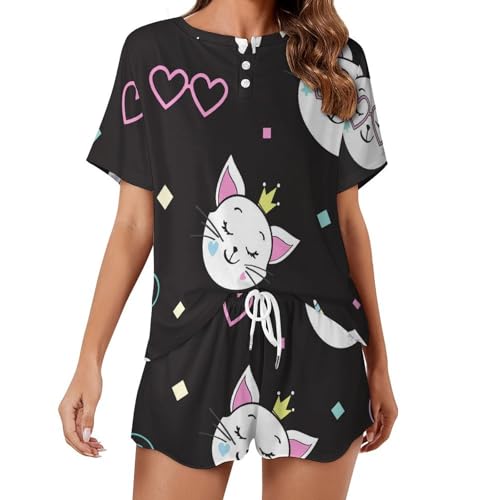 Pyjama court pour femme en tissu léger et respirant avec imprimé cartoon