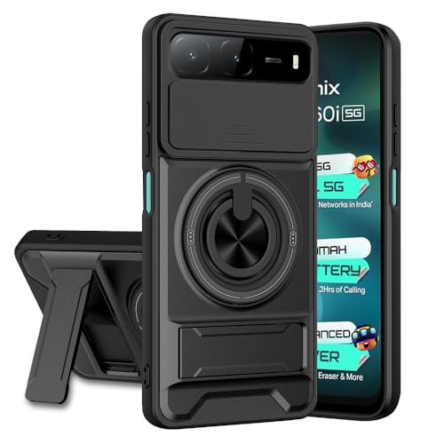 Image of Infinix Hot 60i 5G / Spark Go 5G Back Cover | Armor Camera Slider 360 Degree Rotating Finger Ring Holder Case with Bracket Stand Back Case Cover (Compatible with MagSafe Accessories) (Black)