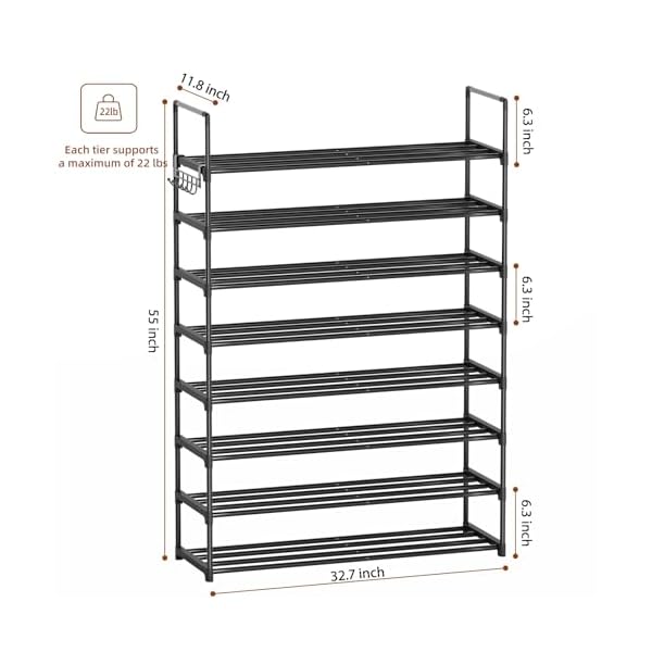 Shoe rack organizer 8 tier tall shoe rack for closet shoe storage for entryway adjustable shelf height metal shoe rack shelf shoe rack for front door entrance closet entryway  urban country home decor