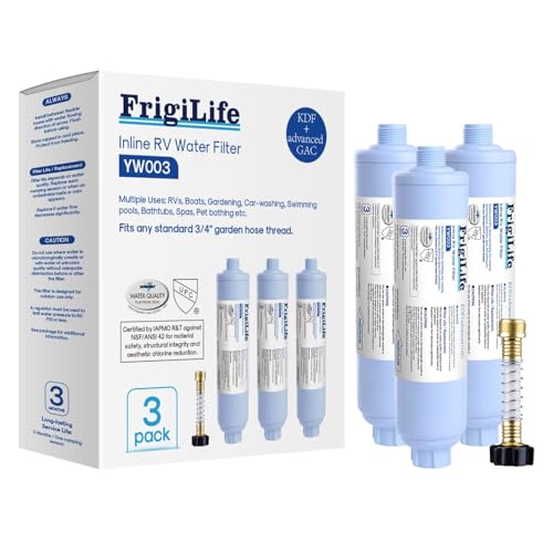 RV Inline Water Filter with Anti-Kink Hose Protector, NSF/ANSI 42 Certified, GAC & KDF Filtration, Reduces Chlorine & Odors, Fresh Clean Water for RVs, Camping, Car Washing, Gardening and Pools, 3PACK